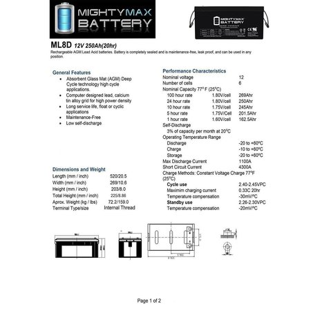 Mighty Max Battery 12V 250Ah SLA Battery Replaces Marine Caravan Solar Camper - 8PK MAX3892222